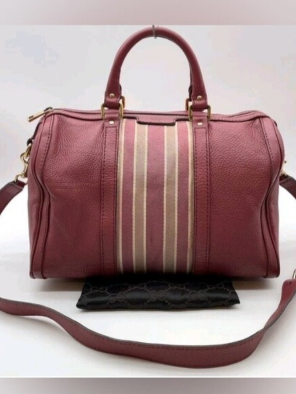(#10) Gucci Burgundy Leather Tote W Striped Accent & Crossbody Strap/DB